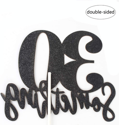 30 Something Cake Topper Double Sided Black Glitter Hello Thirty Sign 30th Birthday Party Decorations...