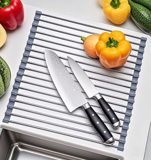 Roll Up Dish Drying Rack, Stainless Steel and Silicone Dish Drying Mat Over The Sink Foldable Drain Rack Multipurpose Dish Drainer for Kitchen, 14...