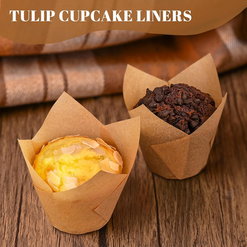 120 Counts Natural Tulip Cupcake Liners for Baking Cups, Food Grade Parchment Paper Muffin Liners Holders, Standard Tulip Cupcake Liners, Greasepr...