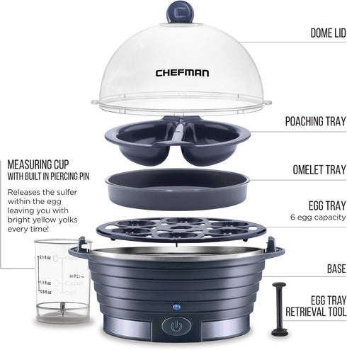 Chefman Electric Egg Cooker Boiler, Rapid Poacher, Food & Vegetable Steamer, Quickly Makes Up To 6, Hard, Medium or Soft Boiled, Poaching/Omelet T...