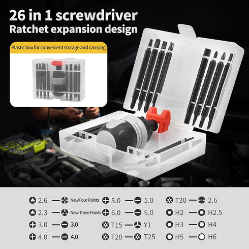 YuuKai 26-in-1 Multi-Function Screwdriver, Length Adjustable Screwdriver with Storage Case, Mini Ratchet Screwdriver, Magnetic Bit Ratchet Screwdr...