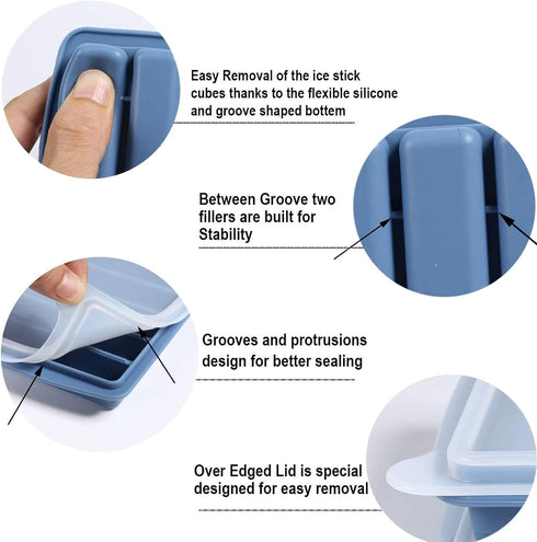 LessMo 3 PCS Ice Cube Tray, Long Ice Stick Tray Silicone with Lid, Rectangular Narrow Stick, Reusable, Flexible, Easy Release, for Small Mouth Spo...