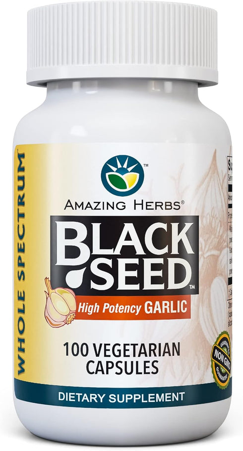 Amazing Herbs Whole Spectrum Black Seed & High Potency Garlic, Vegetarian Capsules - Gluten-Free, Non-GMO, Vegan, Supports Immune System, Lung Fun...