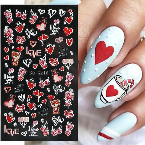 Valentine's Day Nail Art Stickers 5D Embossed Red Heart Nail Decals Red Love Mail Cute Cartoon Dog Bear Valentine Nail Designs Sticker Relief Nail...