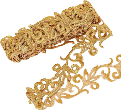 NBEADS 4.37 Yards Gold Embroidery Polyester Ribbons, 1.3 Inch Wide Adhesive Goldenrod Lace Trim Iron on Metallic Flower Lace for Sewing Costumes G...