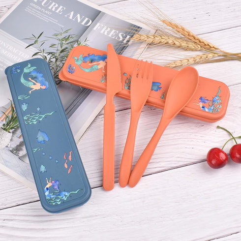 2 Sets Reusable Utensils Set with Case, Portable Camping Fork Knife Spoon Cutlery Set, Wheat Straw Travel Utensils, Tableware for Kids Adults Trav...