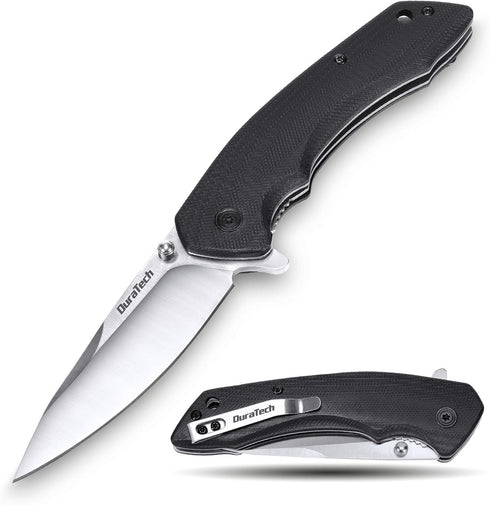 DURATECH Folding Pocket Knife, 3-1/4" Satin 8CR13MOV Blade, Black Smooth G10 Handle with Liner Lock Knife For EDC...