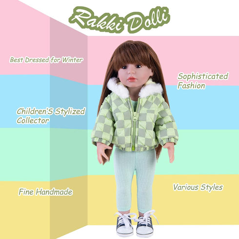 Doll Clothes 3 Pc. Set Light Green Grey Plaid Hooded Thick Coat Checkerboard Jacket with Long Sleeve, Warm Doll Outfit Hoodie Snowsuit Fits for 18...