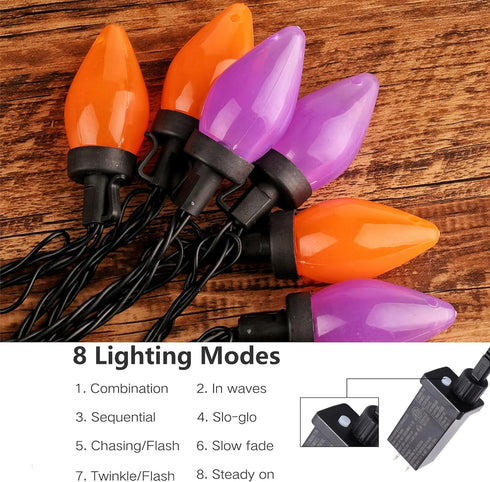 C7 Halloween String Lights - 50 LED 24Ft Smooth Bulb Orange Purple Lights - Extendable 8 Modes Fairy Halloween Lighting for Outdoor Garden Yard Ho...