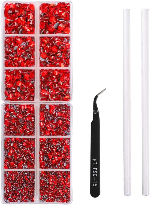 OUTUXED 5040pcs Red Flatback Rhinestones for Crafting, Crystal Round Gems for Nail Art DIY, Halloween Clothes Bags, 6 Mixed Size Hotfix With Tweez...