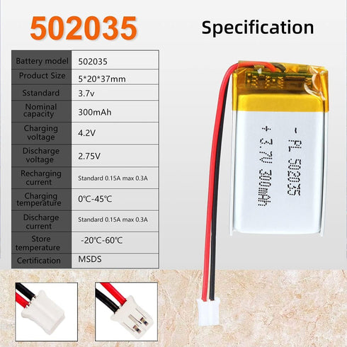 3.7V 300mAh 502035 Lipo battery Rechargeable Lithium Polymer ion Battery Pack with PH2.0mm JST Connector...