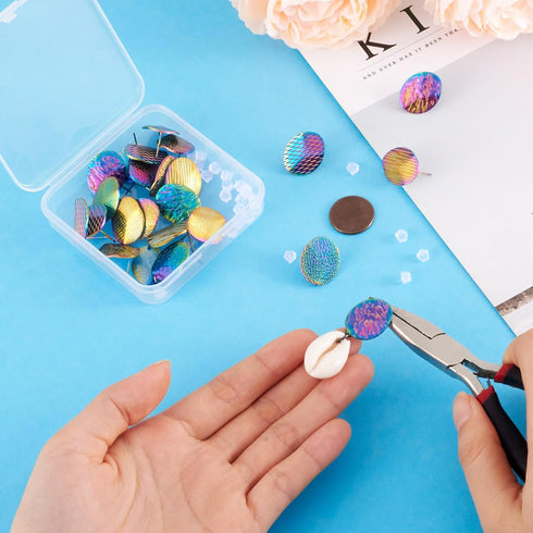 Beadthoven 24pcs Stainless Steel Stud Earrings Posts with Loop Hypoallergenic Rainbow Plated Textured Oval Disc Earrings Pins with Earrings Backs ...