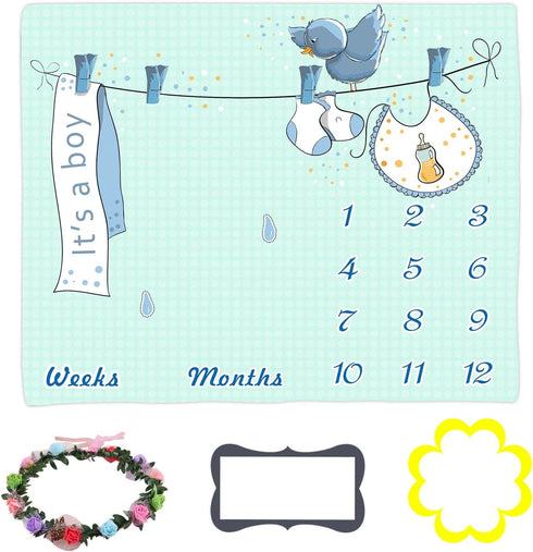 Milestone Blanket for Baby Boy, Blue Baby Photo Backdrop Memory Blanket for Baby Boy Swaddling Blanket, 48x40 Inch Receive Baby Blanket for Baby B...