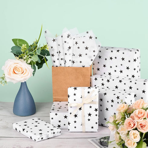 Bolsome 120 Sheets 20 * 14 Inches White Tissue Paper with Black Stars, Black Star Tissue Paper for Gift Wrapping, Black Stars Tissue Paper for Gif...