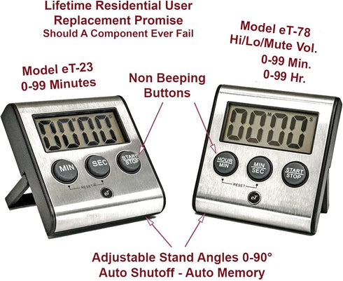 Elegant Digital Kitchen Timer, Stainless Steel Model eT-78, Displays 0-99 Min. or 0-99 Hr., Super Strong Magnet, Volume Switch for Mute/Soft/Loud ...
