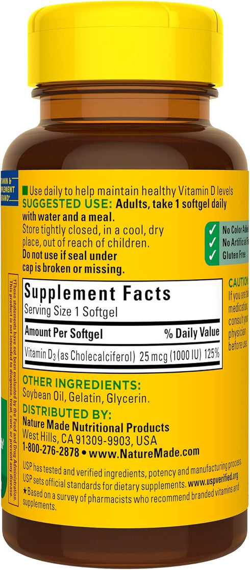 Nature Made Vitamin D3 1000 IU (25 mcg), Dietary Supplement for Bone, Teeth, Muscle and Immune Health Support, 100 Softgels, 100 Day Supply...