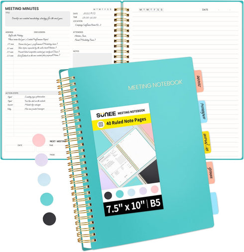 SUNEE Meeting Notebook for Work with Action Items - 160 Pages, B5 Size Project Planner, Spiral Meeting Agenda/Minutes Notebook Organizer for Women...