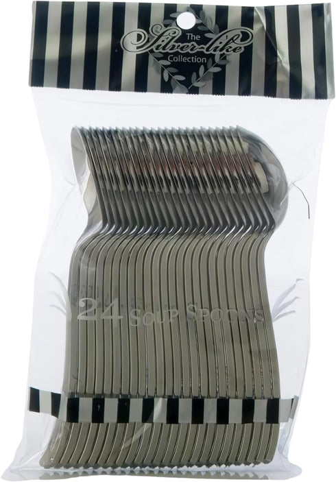 Premium Silver Plastic Soup Spoons Cutlery Collection (Pack of 24) - Perfect for Parties, Catered Events & Effortless Cleanup...