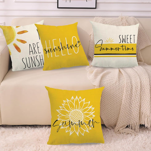 4Pack Summer Decor Pillow Covers Yellow Floral Sunflower Hello Sunshine Cushion Cover You Are My Sunshine Farmhouse Sweet Summer time Home Decor P...