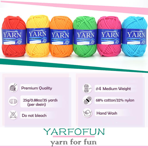 6 Pack Beginners Crochet Yarn Blue Green Pink Red Yellow Orange Cotton Crochet Yarn for Crocheting Knitting Beginners with Easy-to-See Stitches Mi...