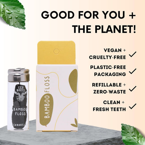 Natural Bamboo Dental Floss: 1 Refillable Glass Container + 3 Biodegradable Bamboo Floss Refill (33 Yards Each), Eco-Friendly, Vegan, Non-Toxic Na...