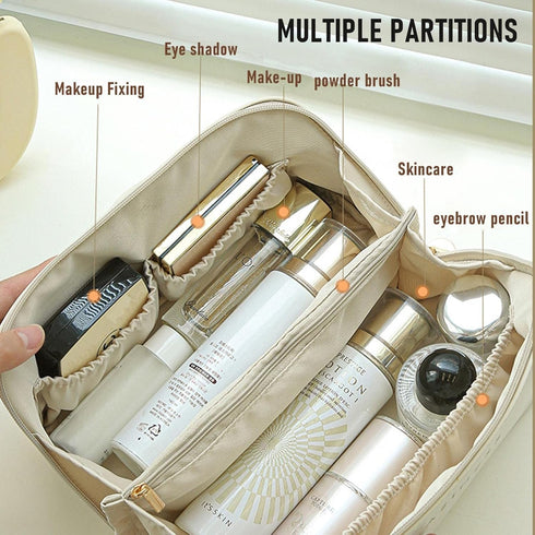 Portable Make Up Bag, Large Capacity Travel Cosmetic Bag, PU Leather Double-layered, Waterproof Portable Leather Makeup Organizer Bag for Skin Car...