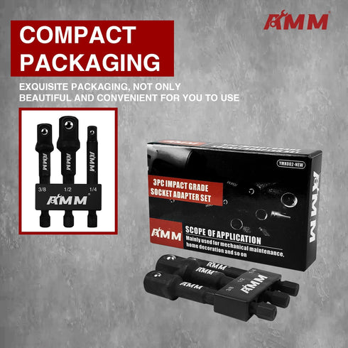 AMM Power Drill Sockets Adapter Sets,3-Piece Hex Shank Impact Driver Socket Adapter, Socket to Drill 1/4" 3/8" 1/2" Adapter...