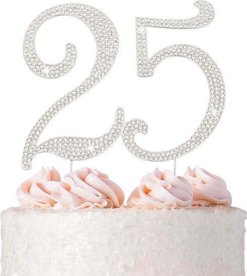 25 Cake Topper - Premium Silver Metal - 25th Birthday or Anniversary Party Sparkly Rhinestone Decoration Makes a Great Centerpiece - Now Protected...