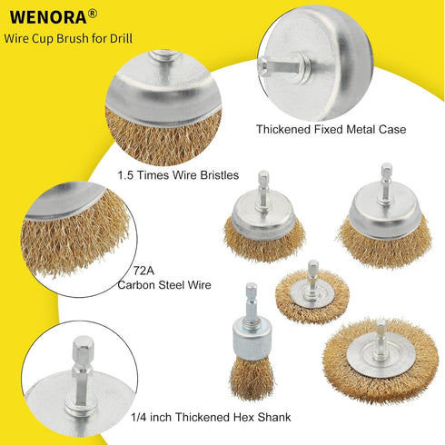 5 Pcs Wire Brush Wheel for Drill, Brass Wire Brush for Drill, 1/4 Inch Hex Shank, Wire Brush Drill Bit, Wire C up Brush for Rust Removal, Wire Bru...