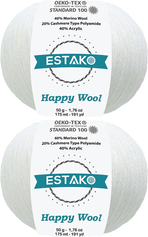 Estako Happy Wool (2 Skeins pack) 40% Merino Wool 20% Cashmere Type Polyamide 40% Acyrlic Fingering weight soft Knitting and Crochet Yarn (2 x 1.7...