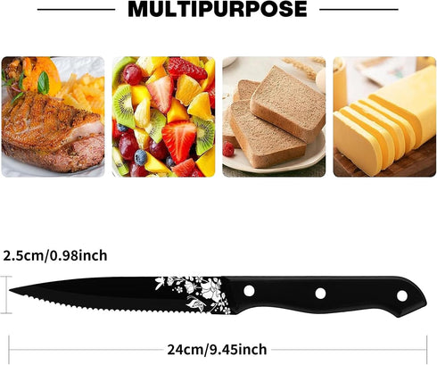 Stapava Steak Knives Set of 8, Stainless Steel Steak Knife Set Black, Sharp Serrated Dinner Knives Matte with Laser Pattern for Kitchen Restaurant...