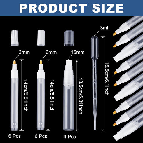 16 Pcs Refillable Acrylic Paint Markers 3 mm 6 mm 15 mm Empty Acrylic Markers White Refillable Paint Pen Round Tilted Flat Head Fillable Paint Pen...