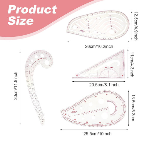 4 PCS Sewing Ruler Clear Metric French Curve Ruler - Flexible Plastic Sewing Measure Tool for Pattern Making & Design DIY Dress Clothing, Ideal fo...