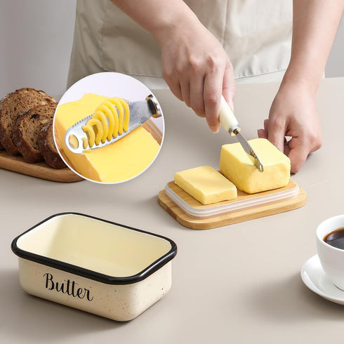 Butter Dish with Lid and Butter Curler Knife for Countertop - Unbreakable Metal Keeper Container with High-quality Double Silicone Sealing, for Ki...