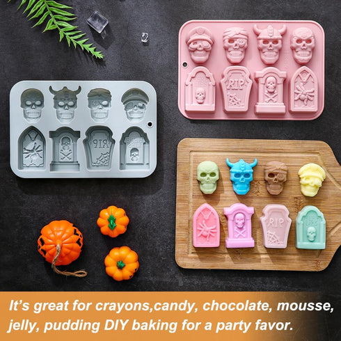 Halloween Chocolate Mold Silicone,2pcs Cavity Candy Gummy Mold with Skull and Tombstone for Baking Chocolate Jelly Gummy Desser...