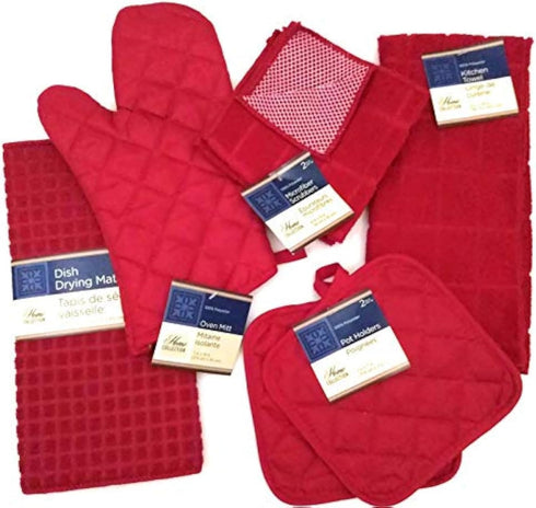 Kitchen Towel Set with 2 Quilted Pot Holders, Oven Mitt, Dish Towel, Dish Drying Mat, 2 Microfiber Scrubbing Dishcloths (Red)...