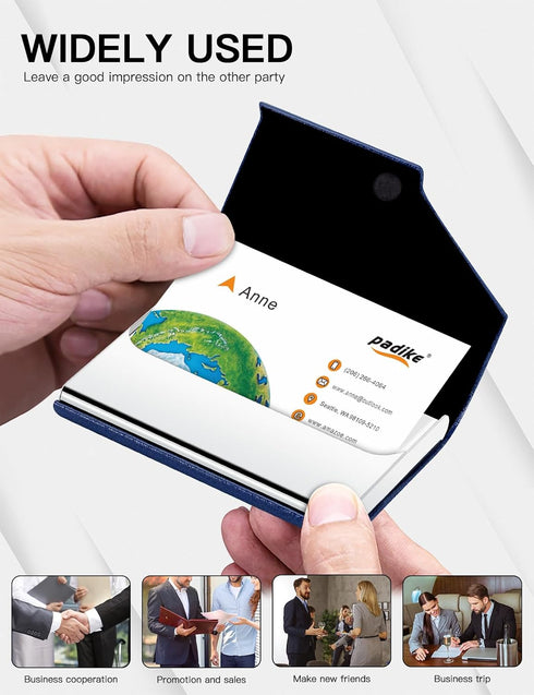 Padike Business Card Holder, Leather Business Card Case Pocket Card Holders for Men or Women, Metal Slim Name Card Holder RFID Blocking Business C...