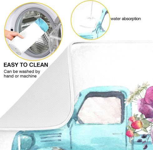 ALAZA Blue Trolley Truck Purple Rose Flower Dish Drying Mat for Kitchen Ccounter Absorbent Microfiber Small Drying Pad Dish mats for Kitchen Count...