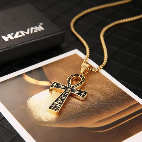 HZMAN Stainless Steel Large Ankh Cross Pendant Ancient Egyptian Hieroglyphic Symbol 22+2 Inch Chain...