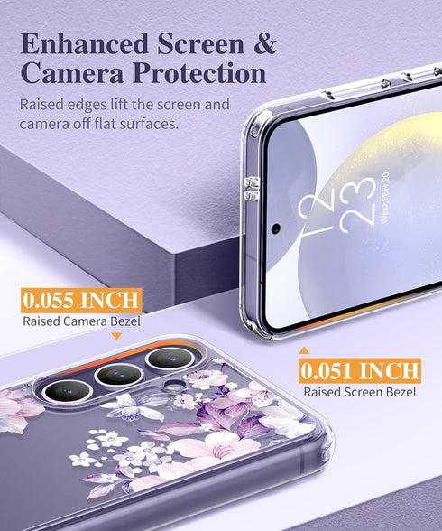 GVIEWIN for Samsung Galaxy S24 Case Floral, with Screen Protector & Camera Lens Protector, Hard PC&TPU Bumper Clear Shockproof Protective Women Ph...