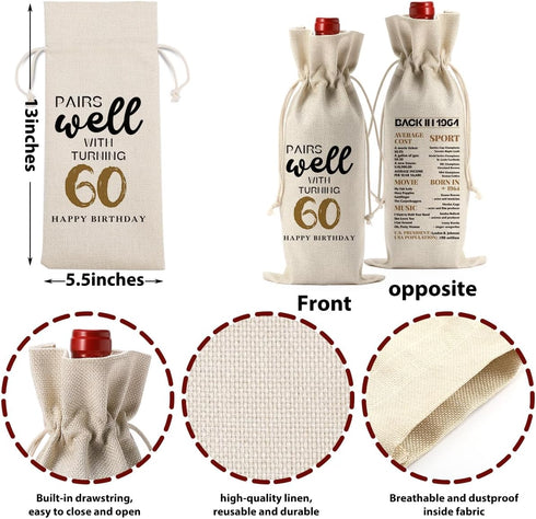 60th Birthday Gifts for Women Men, Cool Gifts for 60 Year Old Woman Grandparents Wine Gift Bag, Wine Accessories Gifts Anniversary 60th Birthday D...