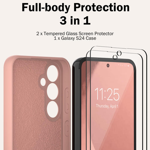 for Samsung Galaxy S24 Case with 2 Pack Screen Protector, Liquid Silicone with Soft Anti-Scratch Microfiber Lining Shockproof Protective Cover for...