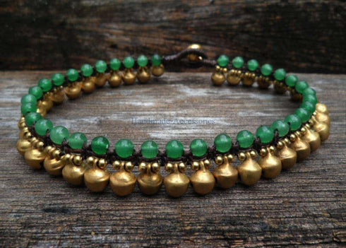 Infinityee888 Trendy Fashion Anklet Green Jade and Brass Bell Ankle Bracelet 10 Inches Woven with Wax Cord Beautiful Handmade Hippie Bohemian Styl...