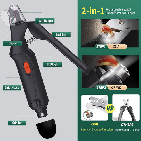 2-in-1 Dog Nail Grinder & Dog Nail Clippers Trimmers for Large Medium Small Dogs Cats Pets Claw Trimmer Quick Sensor and Safety Guard USB Recharge...