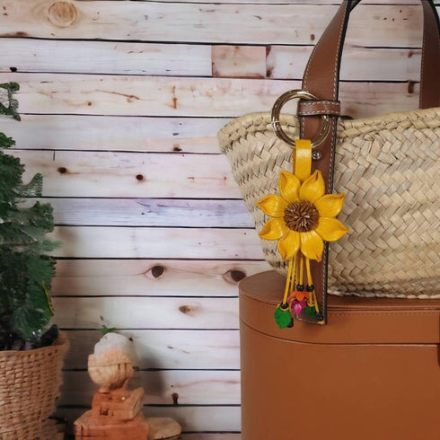 Leather Flower Keychain Purse Tassels Charms Women Handbags Designer Bag Accessories Keyring Decor Yellow Flower 7" Long...