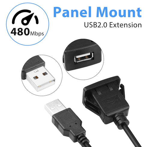 YACSEJAO USB Square Flush Mount Cable USB 2.0 Single Port Dashboard Panel Dash Mount Extension Cable with Buckle for Car Motorcycle Boat, 1m...