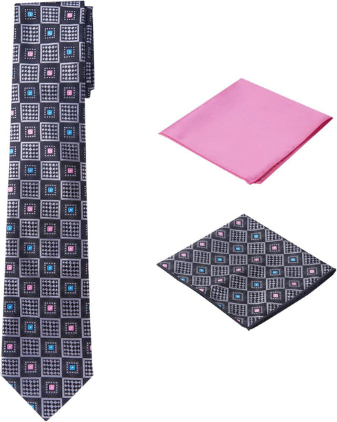Men's Woven Medallion Regular Length Neck Tie with 2 Handkerchief Pocket Squares Hanky Set - Black Pink...