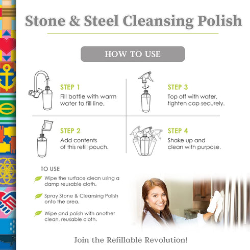 Stone & Steel Cleansing Polish Starter Kit - Quartz, Marble, Granite, Stone Countertop, Oven, Stainless Steel Cleaner - 16oz Spray Bottle, 2 Refil...