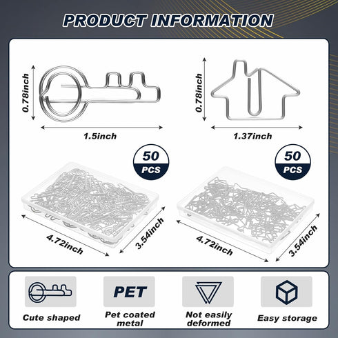 102 Pack Clips Office Supplies 50 Pcs House Shaped Paper Clips 50 Pcs Key Shaped Wire Paper Clip with 2 Pcs Clear Storage Box for Agent Office Hom...
