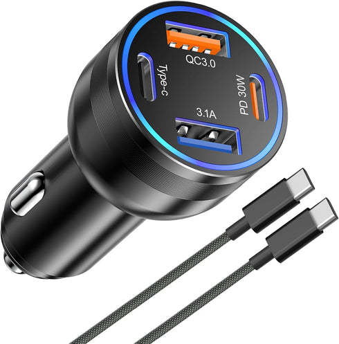 65W 4-Port USB C Car Charger Fast Charging,iPhone 15/15 Pro Max Car Charger Adapter,PD&QC3.0 Super Fast Type C Car Charger with 6FT USB C to C Cab...